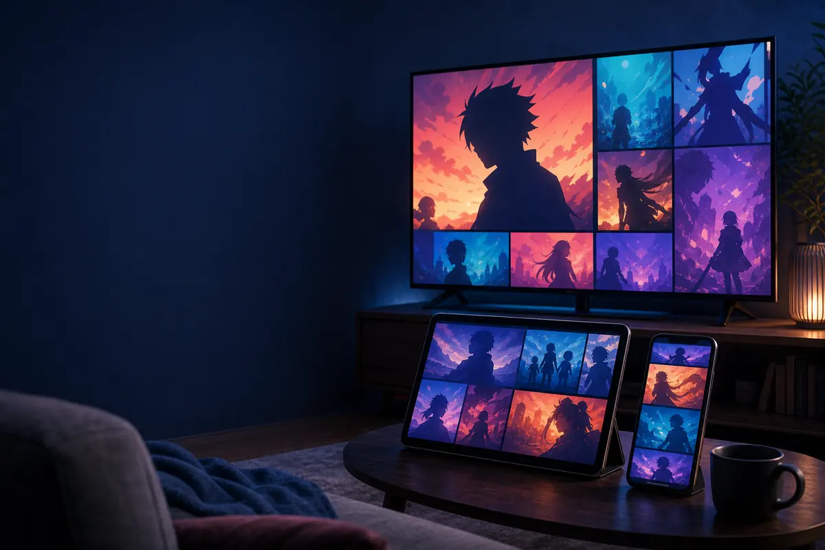 Ilustración editorial de descubrimiento de anime en televisor, tableta y teléfono