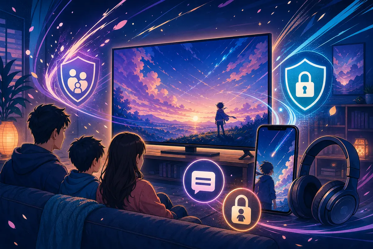 Ilustración editorial de anime seguro con privacidad y controles familiares