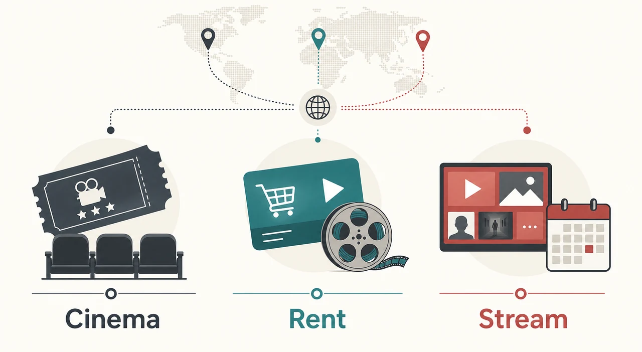 Graphique éditorial comparant cinéma, location et streaming pour un film