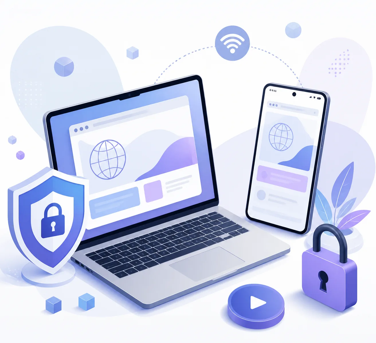 ノートPCとAndroidスマートフォン、シールド、南京錠、メディア記号の説明用イラスト