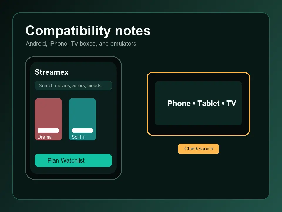 Streamex compatibility preview for phone, tablet, and TV