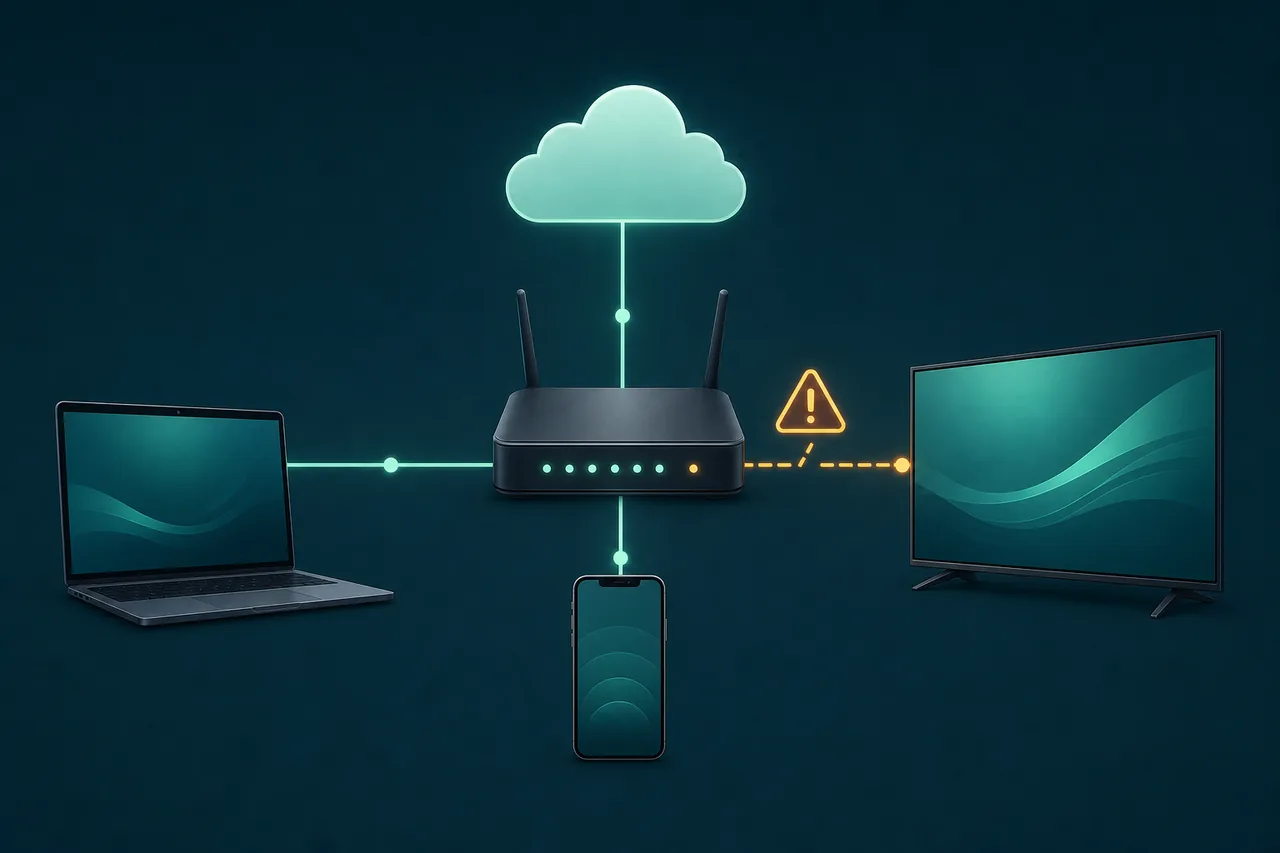 Diagramma con router, televisore, portatile e telefono