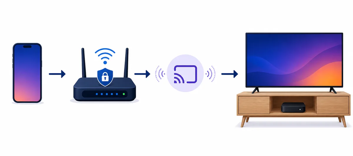 Illustrazione in quattro fasi con smartphone, Wi-Fi sicuro, mirroring e TV Roku