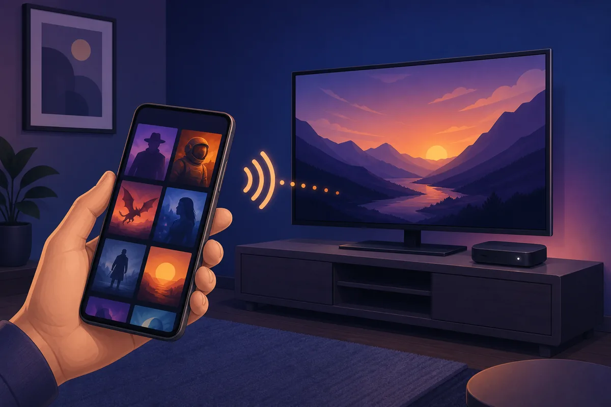 Illustrazione di uno smartphone che invia contenuti di scoperta film a un televisore con Roku